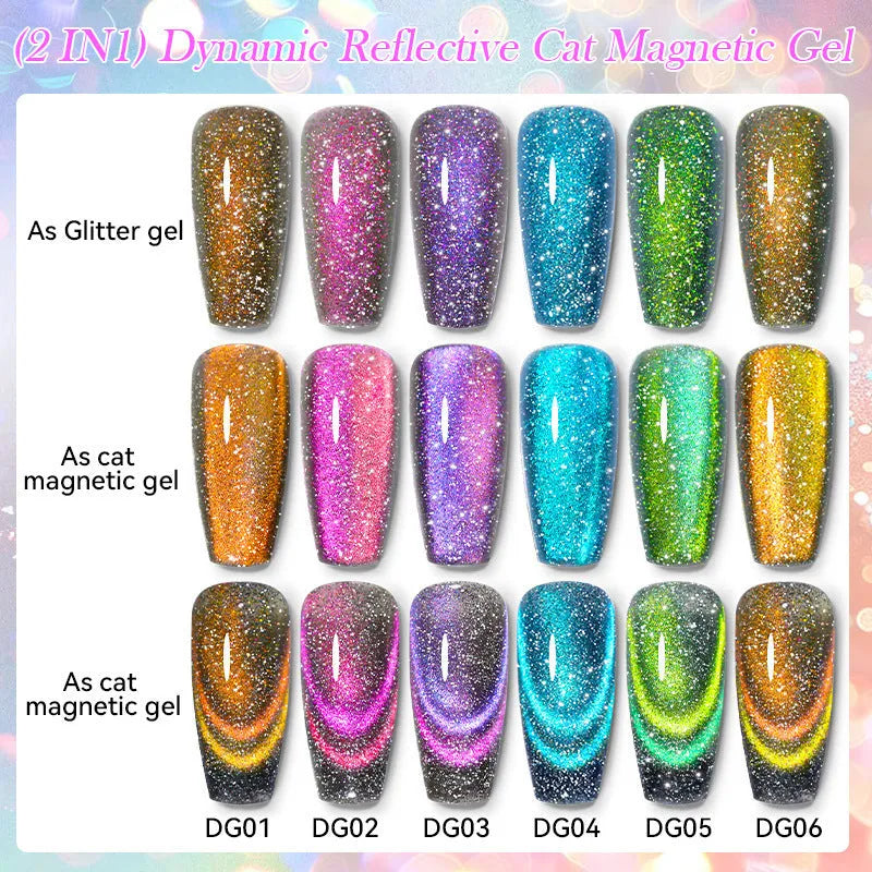 Cat eye series UV nail polish gel bottle with diamond glitter in one of six colour styles, next to nail glue.