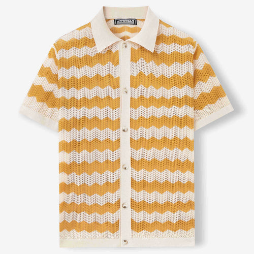 Short sleeve corrugated knit sweater in blue, brown, or yellow, showing textured jacquard pattern.