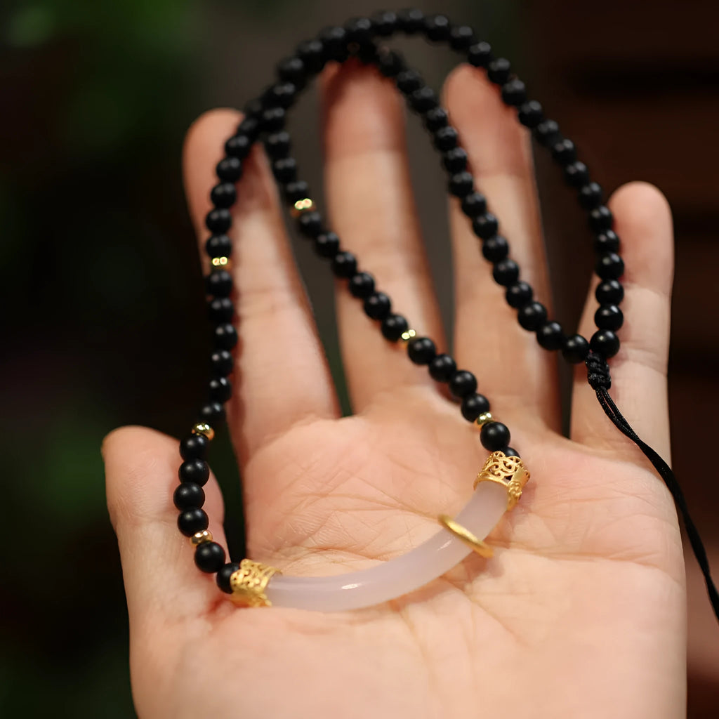 Matte black agate and white chalcedony necklace with 925 silver pendant in Chinese U-shaped design