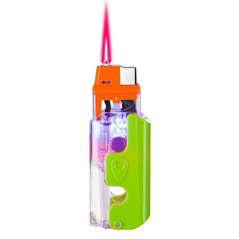 Colourful plastic radish-shaped lighter with bare metal components in green, orange, or purple options