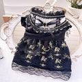 Golden gothic-style skirt costume on a small dog, showing the full princess silhouette and detailed sizing.