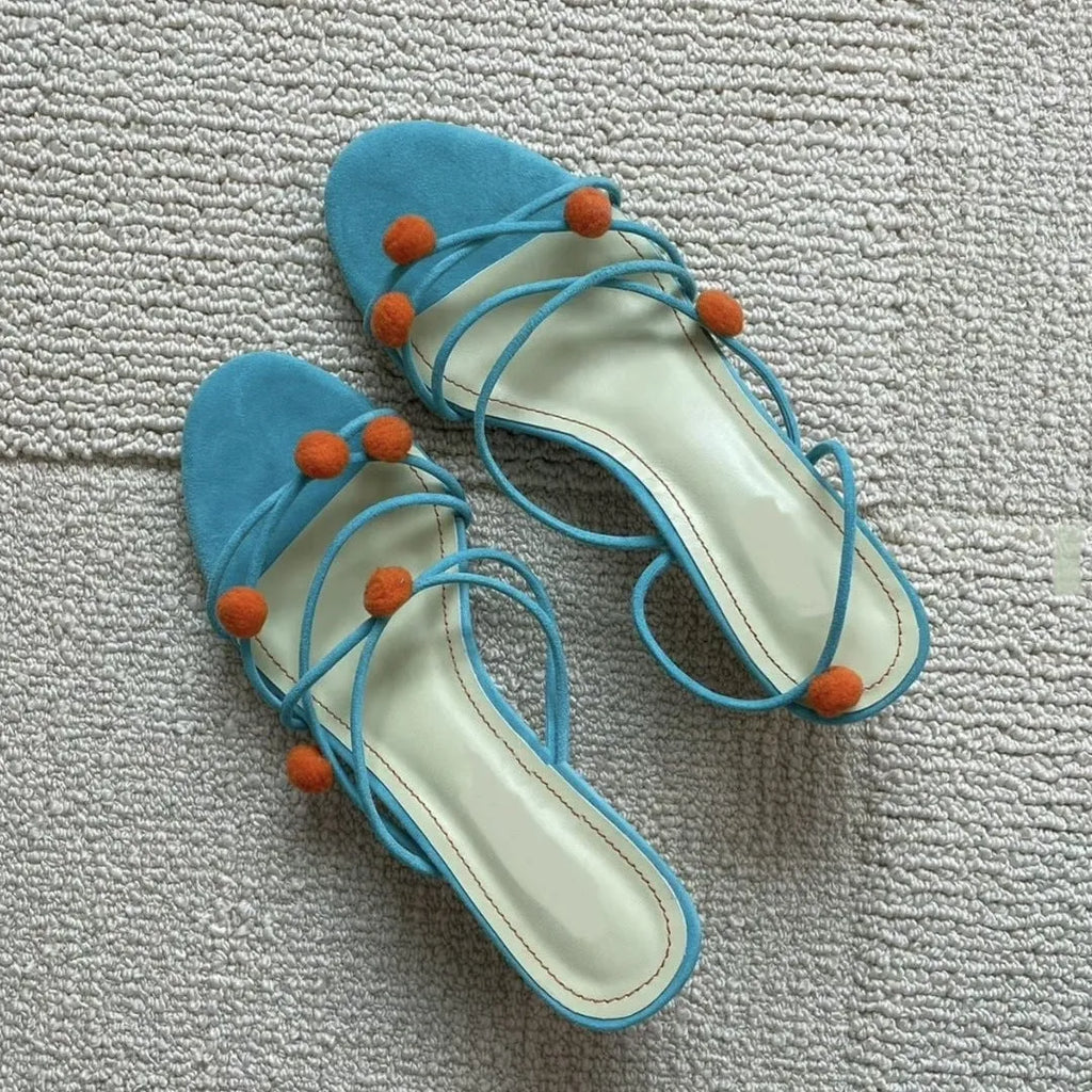 Cyan-coloured women's lace-up heeled sandals with thin straps and open toe design