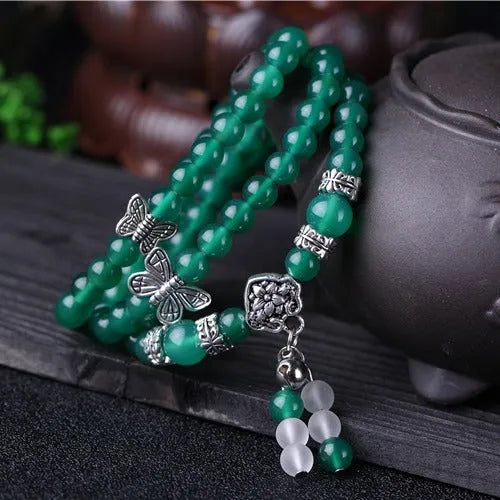 Green agate multi-layer bracelet with 6mm beads on chain design