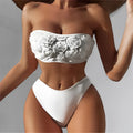 Women's white nylon tube top and high waist brief bikini swimsuit set