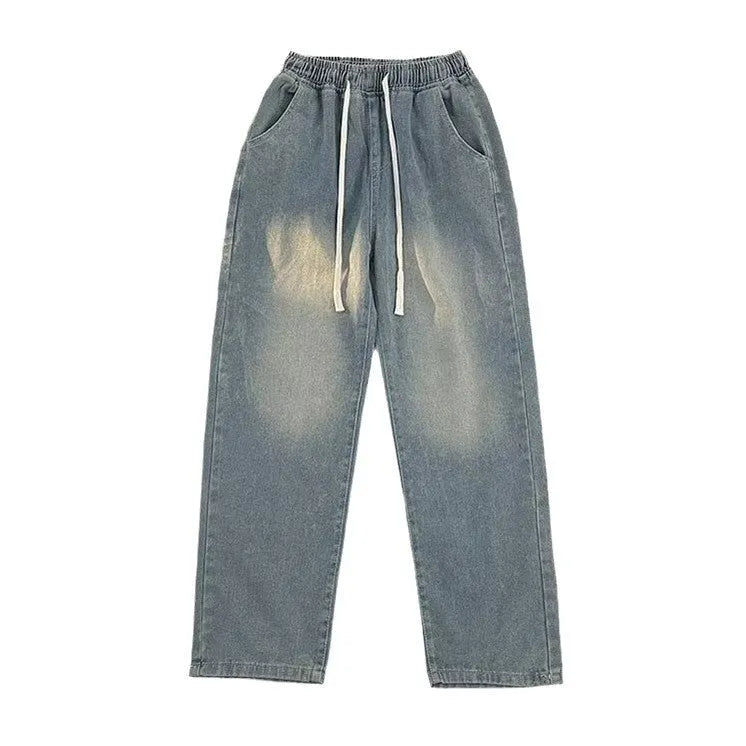 Men's straight-leg cotton jeans trousers in loose fit with drawstring waist