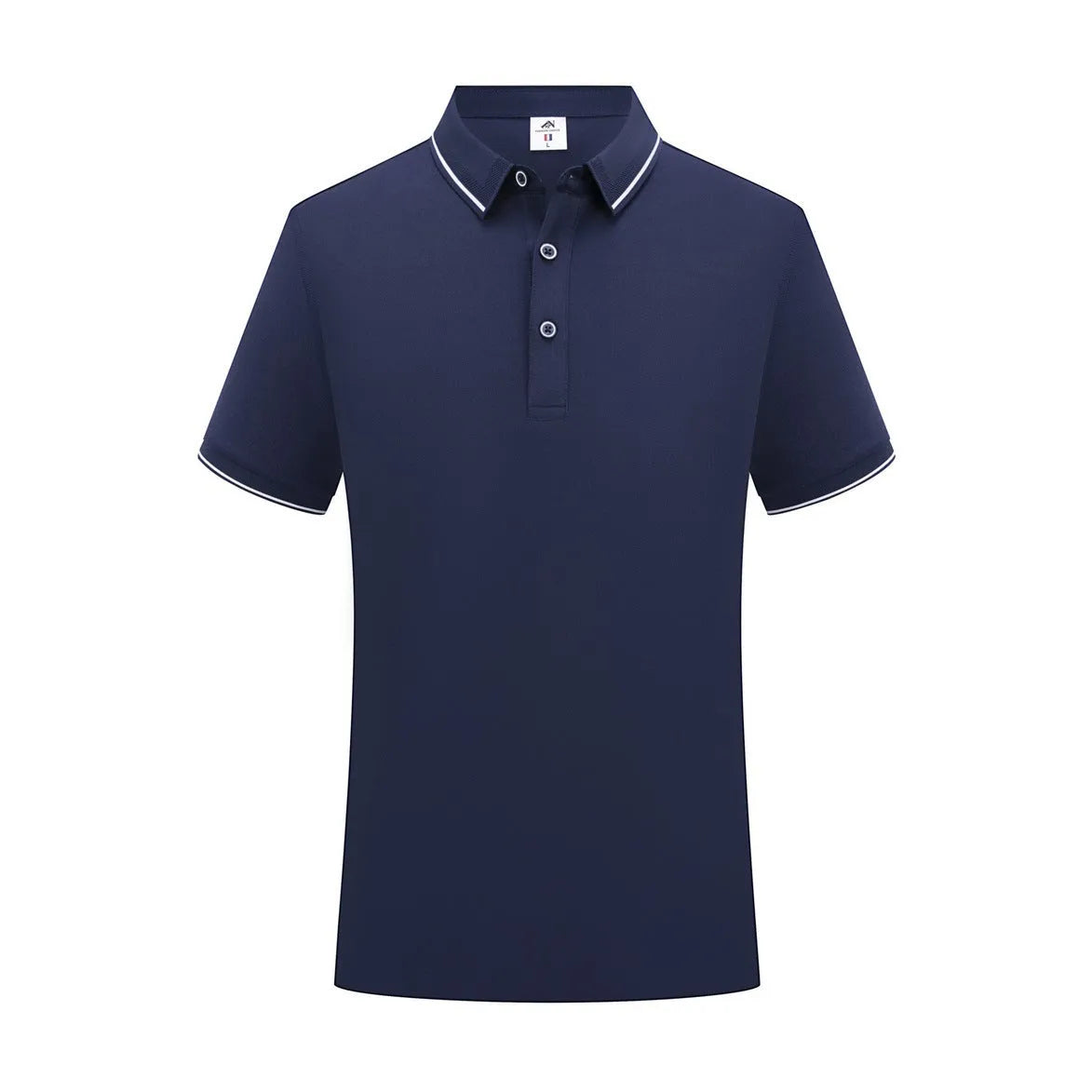 Short-sleeved asymmetrical polo shirt for beauticians in light blue cool silk cotton fabric.