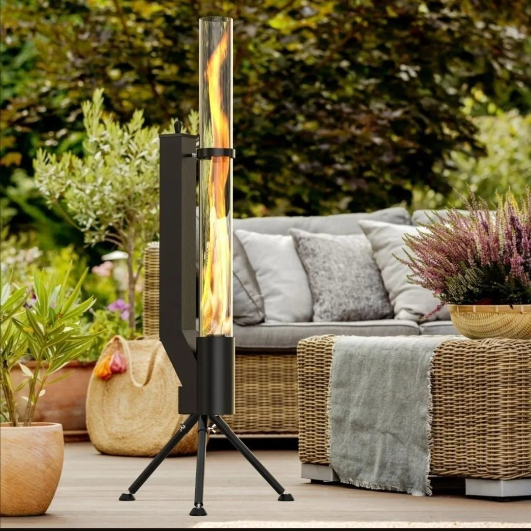 Vertical iron rocket furnace wood burning heating stove for outdoor courtyard use.