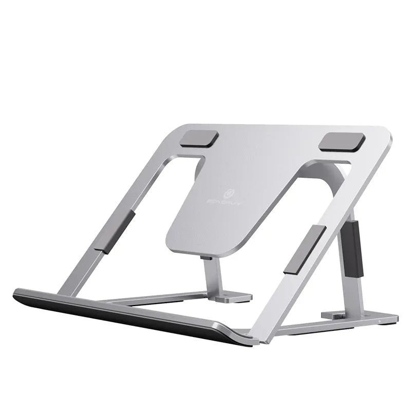 Foldable aluminium alloy tablet and phone holder in dark gray on a desk