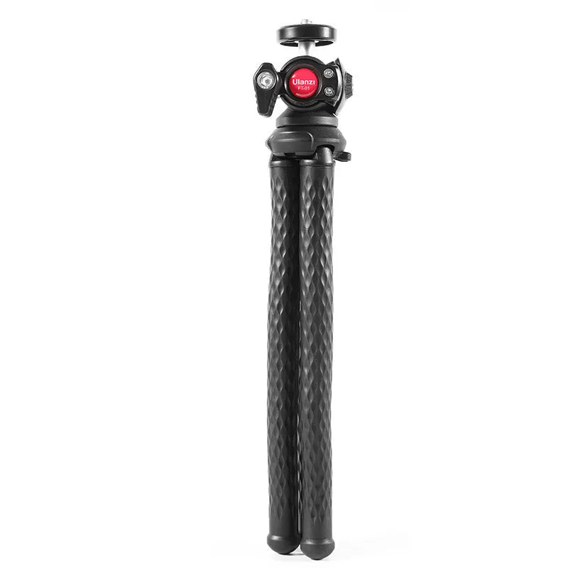 Black octopus-style flexible leg tripod with mobile phone clip attached, FT-01 model extended to 360mm
