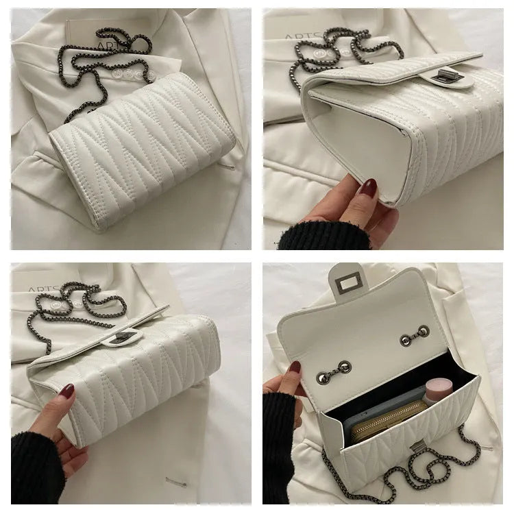 Small beige retro diamond texture PU women's bag with a shoulder strap on a table.