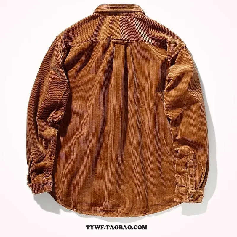 Long sleeve cardigan shirt in caramel colour with Japanese Hong Kong loose style and corduroy fabric