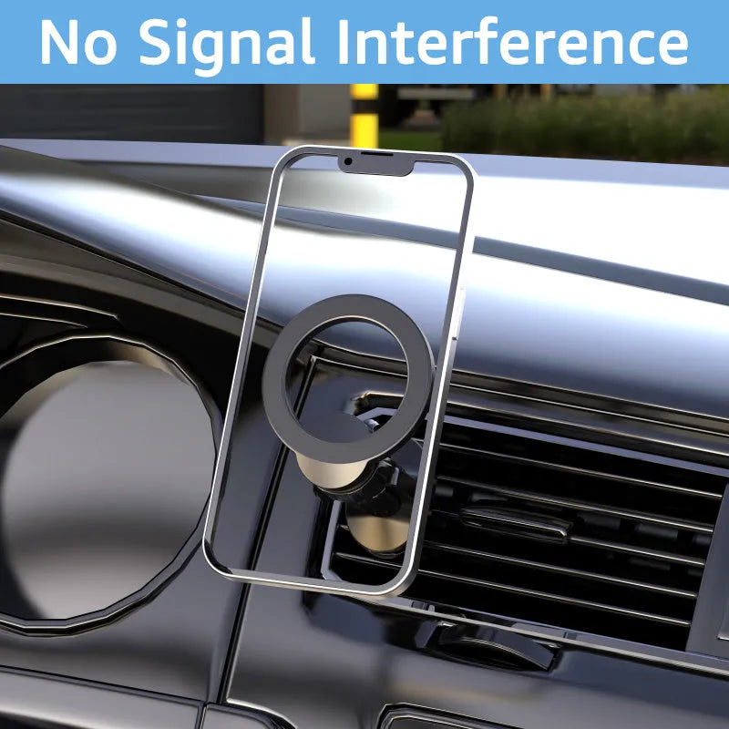 Black magnetic car air vent phone holder with O-ring bracket attached to a car vent.