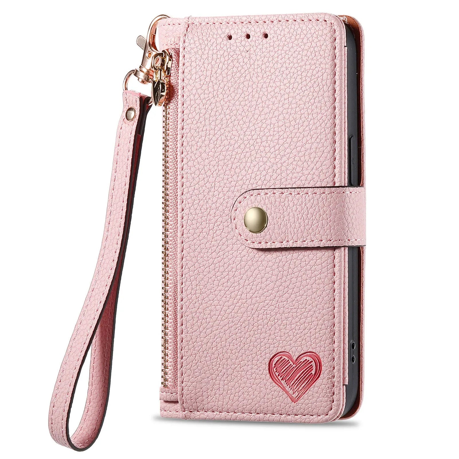 PU leather litchi pattern RFID swiping lanyard phone case for Apple iPhone with built-in bracket in pink