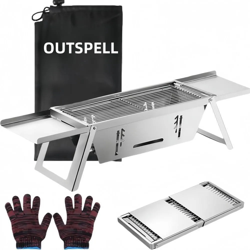 Small foldable metal charcoal grill for outdoor barbecues, shown in open cooking position.