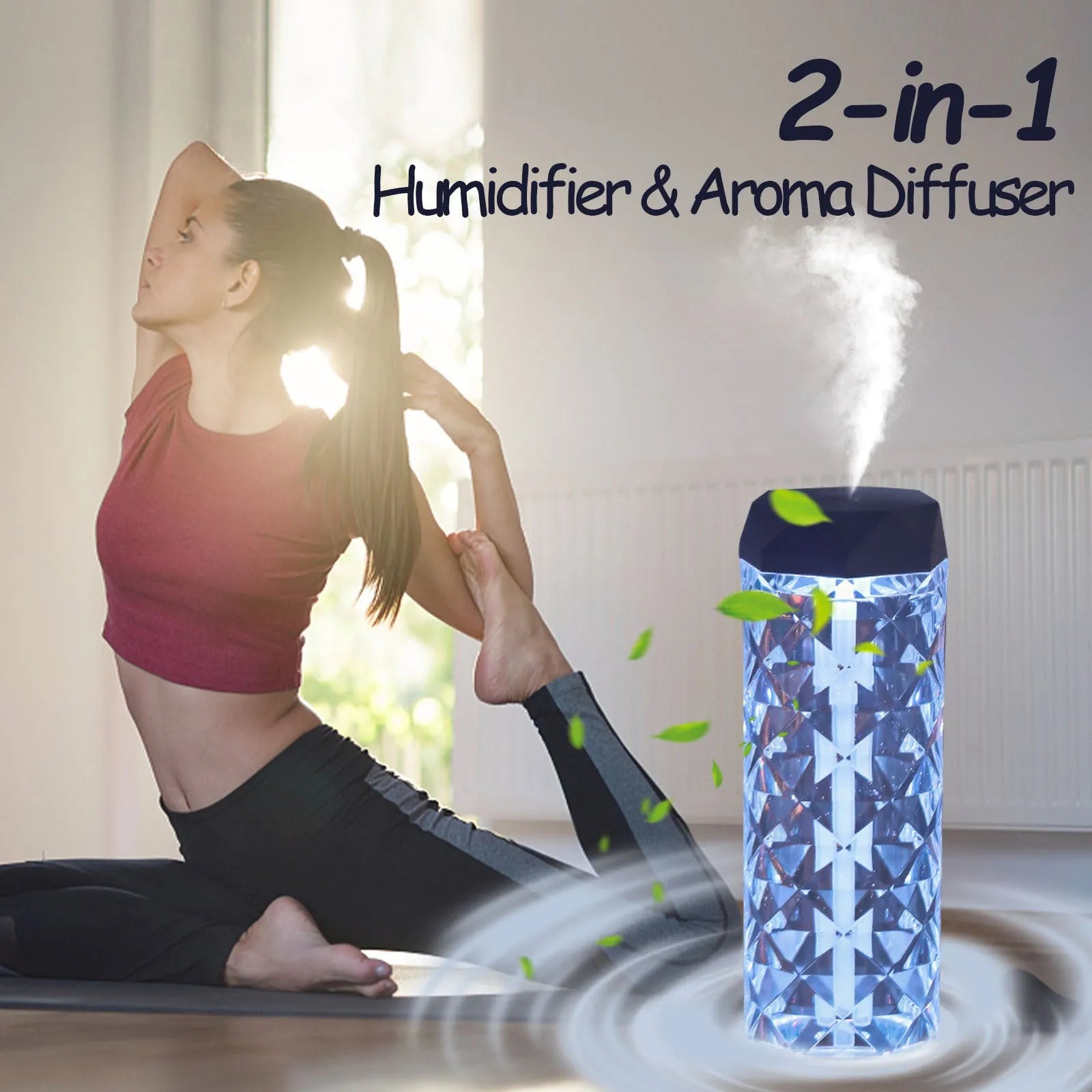 Crystal lamp humidifier with 1000ml tank showing cool mist and RGB night light on desktop
