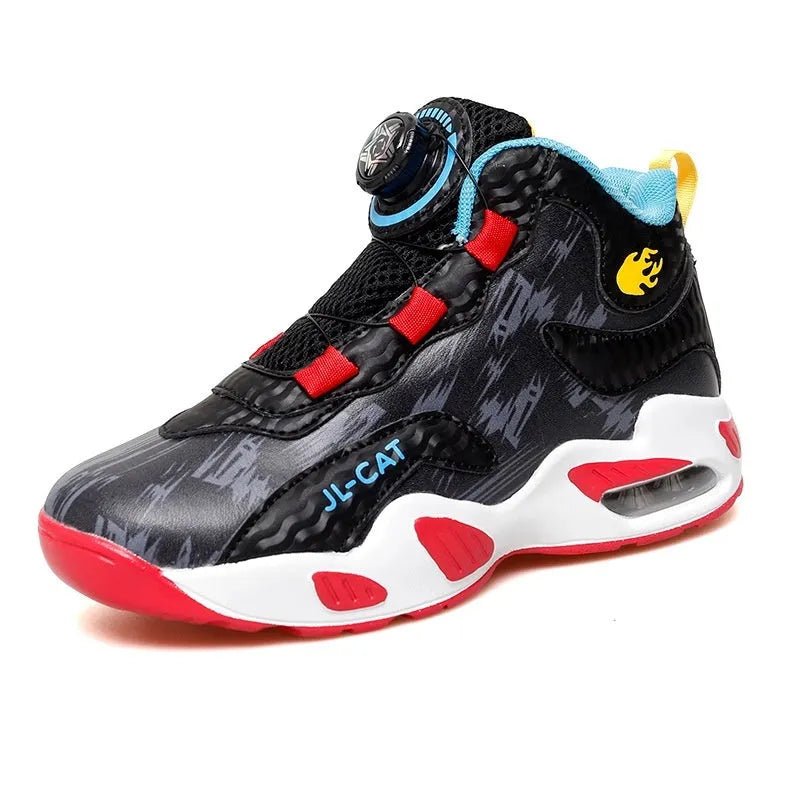 Children's rotating button basketball running shoes in synthetic leather with PU sole