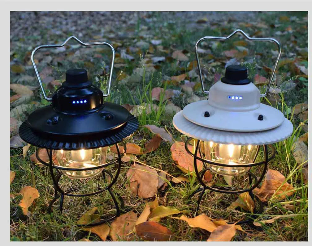 Black retro USB rechargeable camping lantern with iron shell and LED ambient light for outdoor tent use