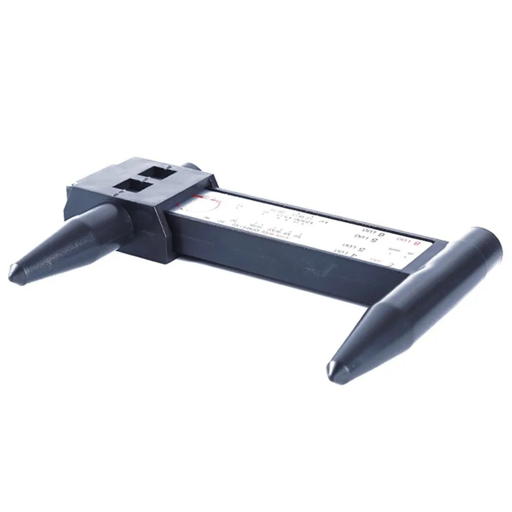 Electronic digital plastic caliper hole distance measuring tool on a plain background.