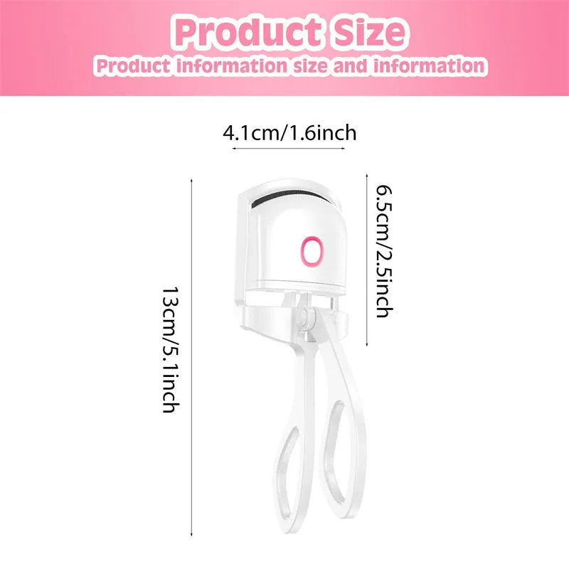 White and pink USB rechargeable heated eyelash curler with curved silicone pad.