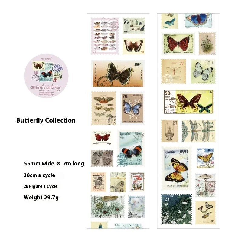 A roll of retro-patterned coated paper stamp stickers, 55mm wide, for DIY journal decoration.