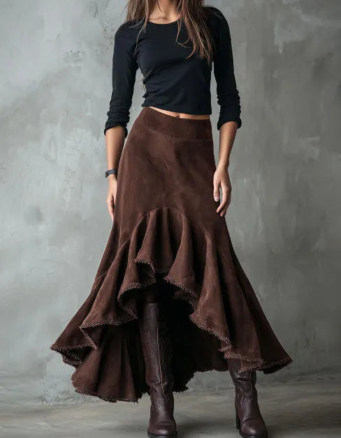Brown women's maxi skirt with high-low hem and front ruffle detail