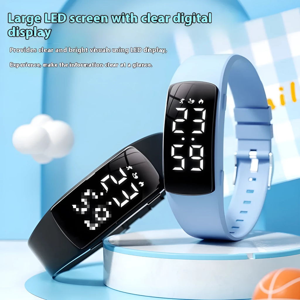 Smart vibration alarm watch with LED display and coloured silicone strap on a wrist
