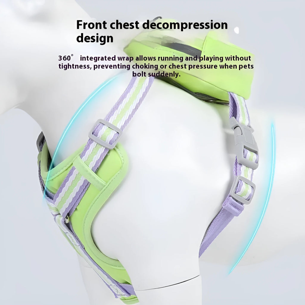 Pink anti-strangulation dog harness with 1.5m lead, showing chest strap and quick-release buckle on a dog.
