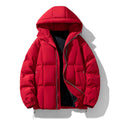 Men's solid colour hooded cotton coat in black, side view, showing cardigan cut and straight hem
