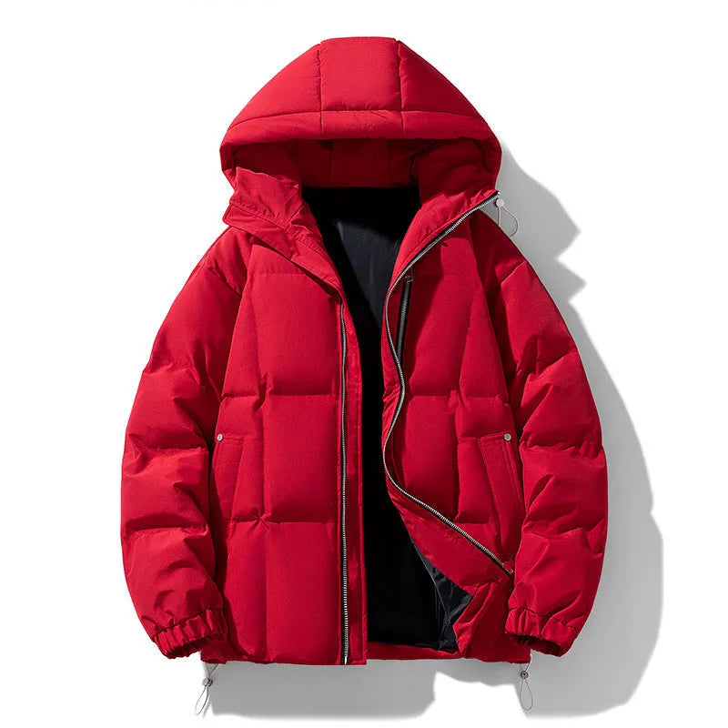 Men's solid colour hooded cotton coat in black, side view, showing cardigan cut and straight hem