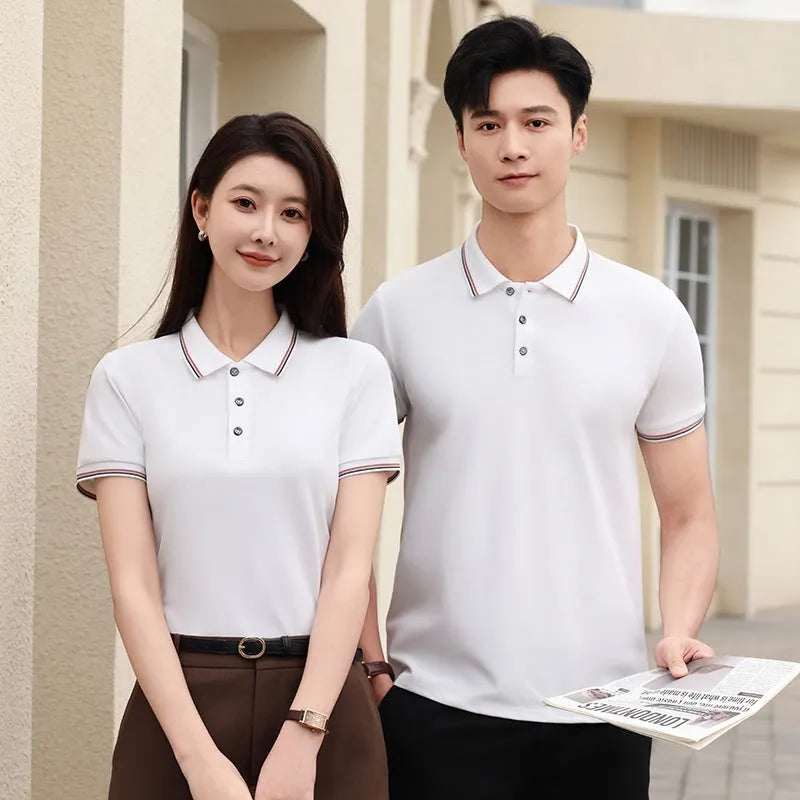 Solid colour ice silk polo shirt on a hanger showing apricot colour variant