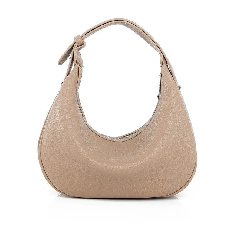 Crescent-shaped PU hobos handbag with sewing line detailing and internal zipper changing bag and mobile phone pocket