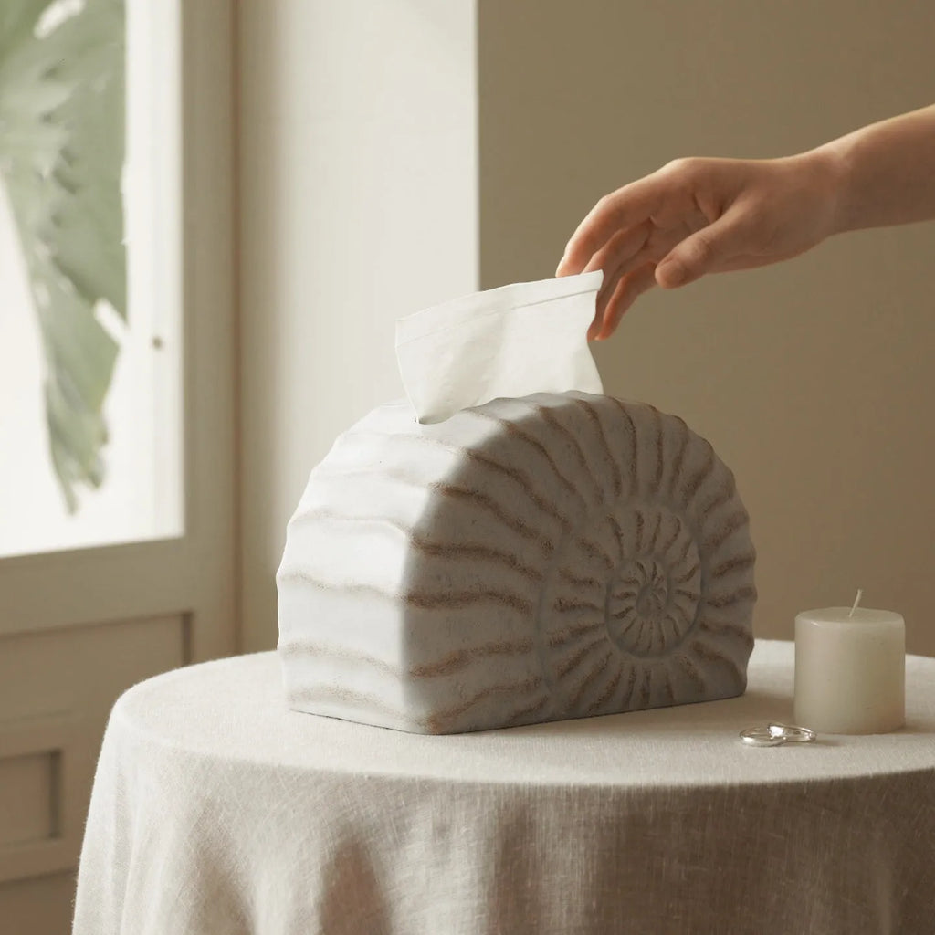 White resin tissue box cover with raised conch shell design