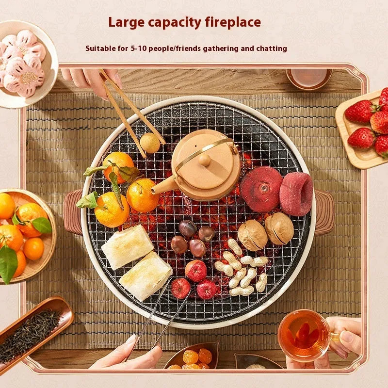 Portable indoor charcoal cooking stove with grill rack, modern design for tabletop use.