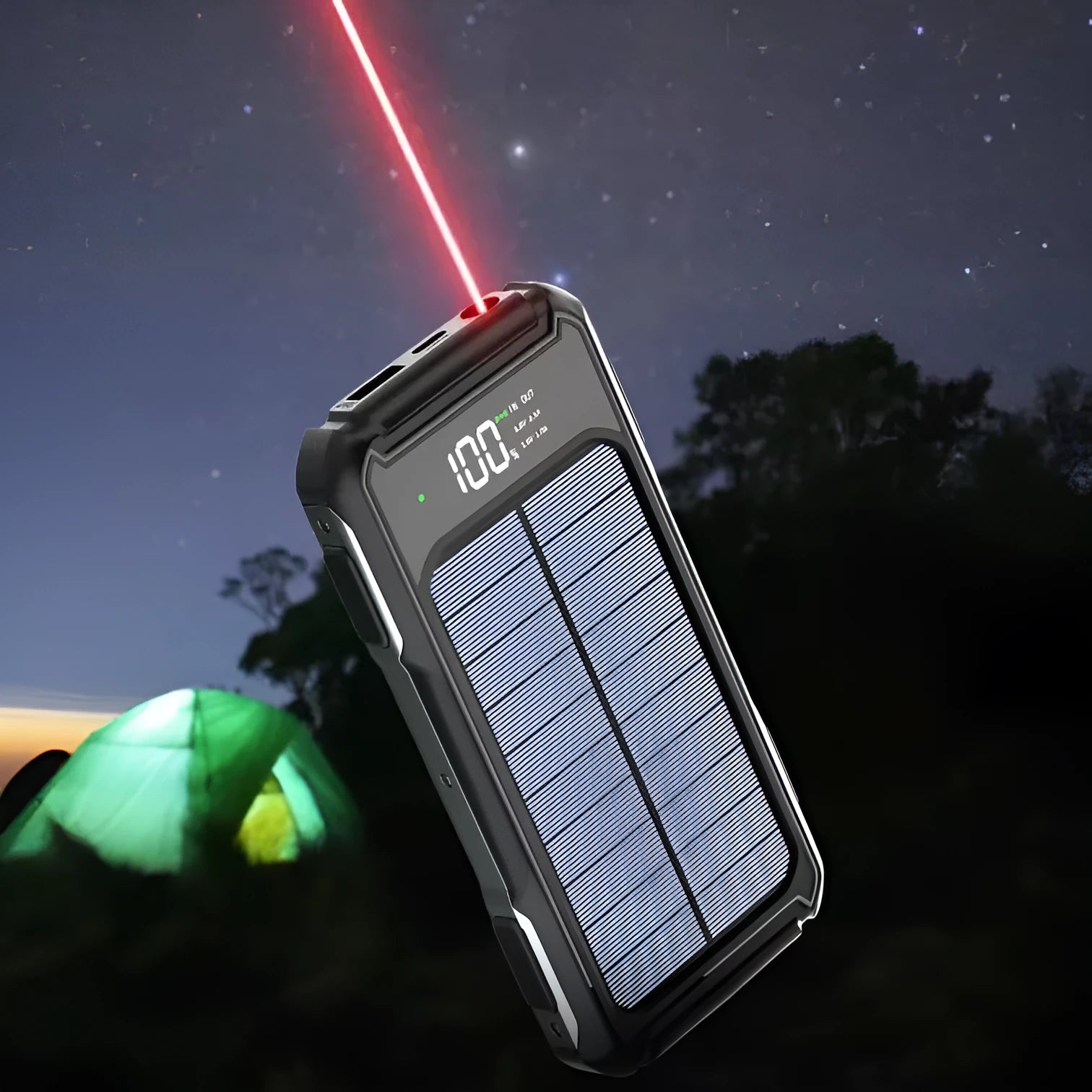 Military grade portable power bank in black, green, or orange colour showing size comparison and dual USB output ports.