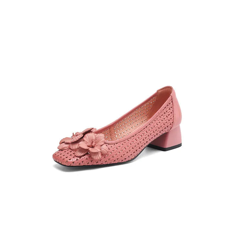 Light brown women's leather pumps with a woven hollow design and a mid heel on a beef tendon sole.