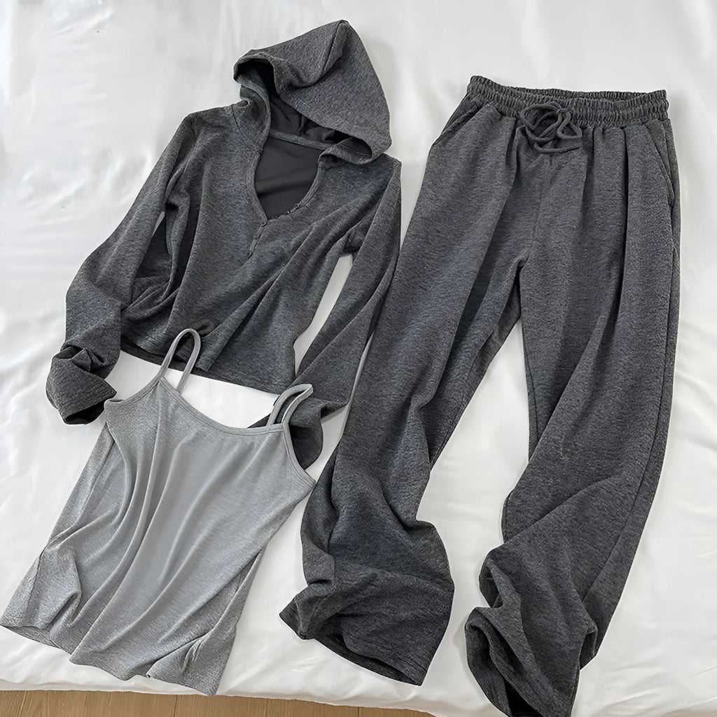 Grey Korean style casual sports suit set with long princess sleeve top, shorts, and matching vest, sizes L to 4XL