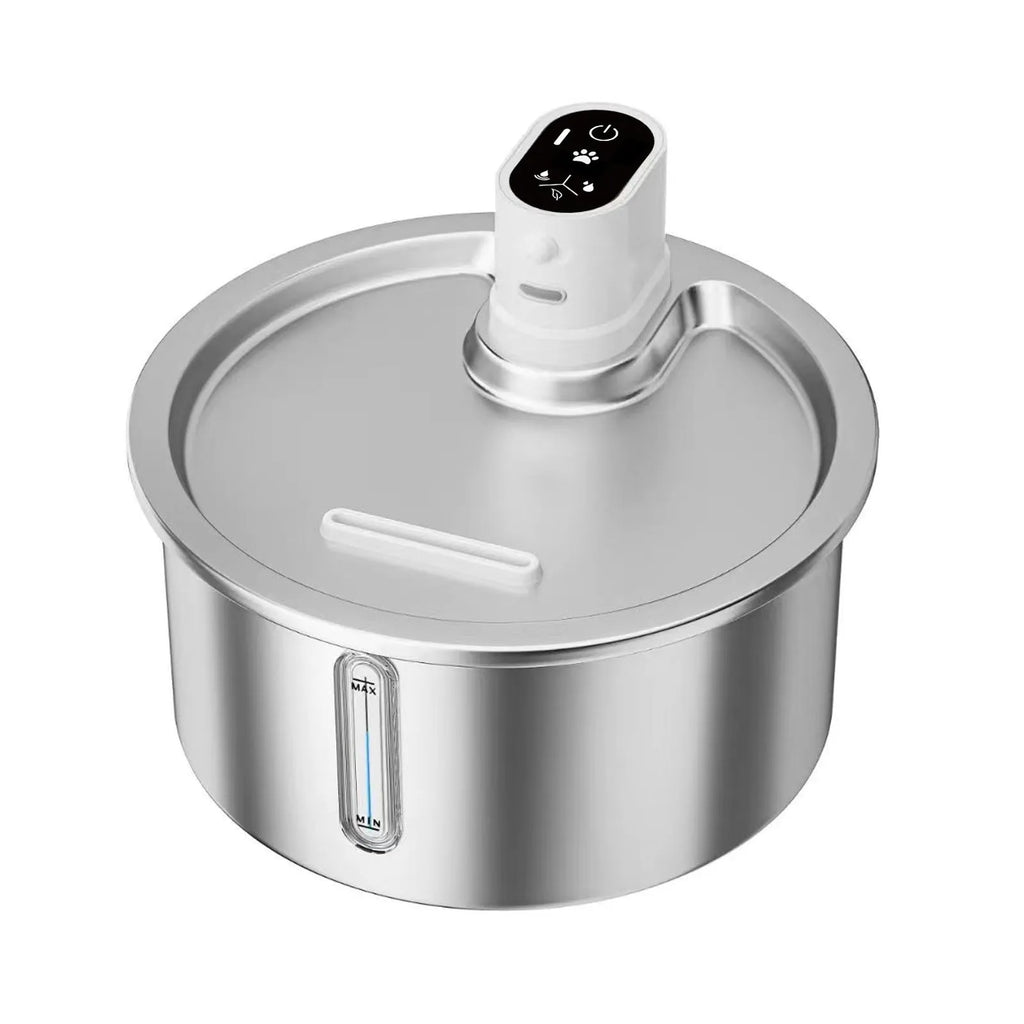 White ceramic pet water fountain with stainless steel dish and digital temperature control display.