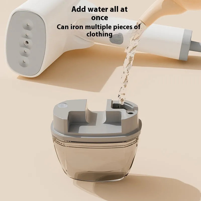 Blue and white handheld garment steamer with compact design and water tank