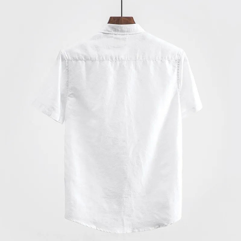 Men's square collar linen blend short sleeve shirt in loose cardigan style available in multiple colours