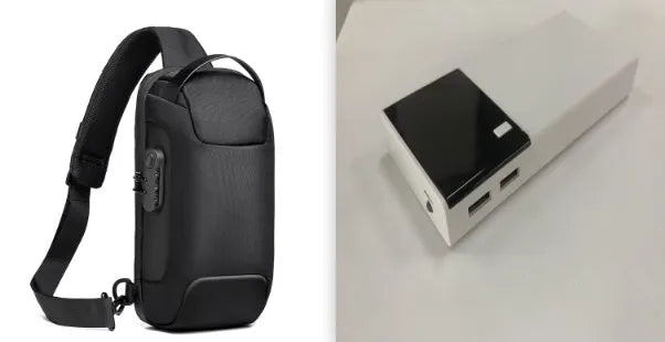 Black 20000mAh power bank with charging cable showing compact rectangular design