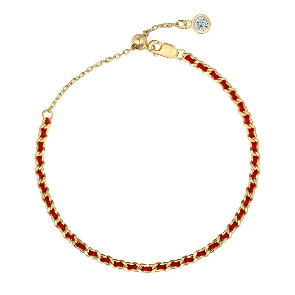 Women's 925 sterling silver bracelet with gold electroplating and red rope lucky charm, simple geometric style