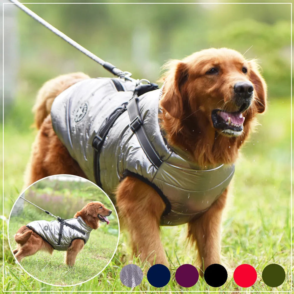 Red waterproof dog coat for large breeds with visible opening for a harness on the back.