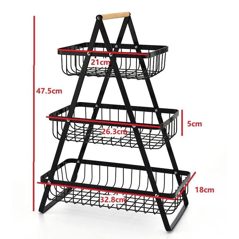 Black detachable double-layer iron fruit basket with wooden handle on tabletop