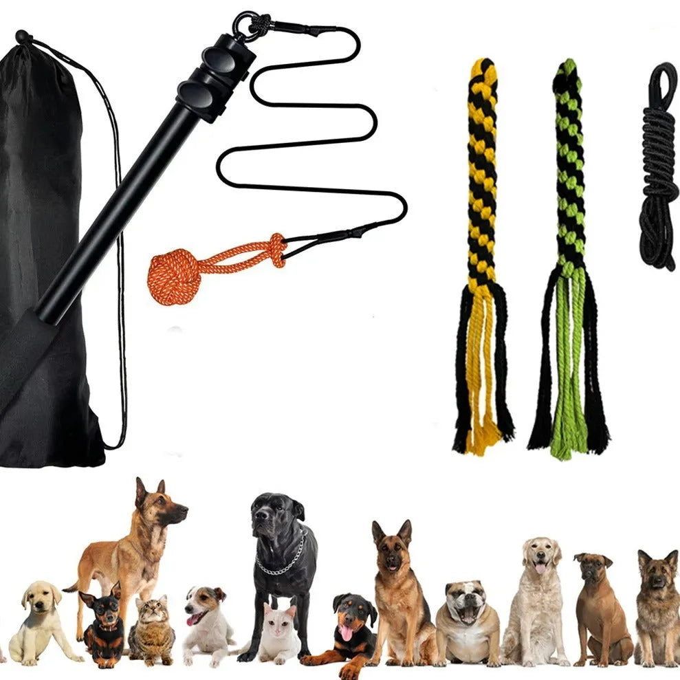 102cm black three-section aluminium alloy telescopic dog teasing rod with two bite ropes and one ball on a white background