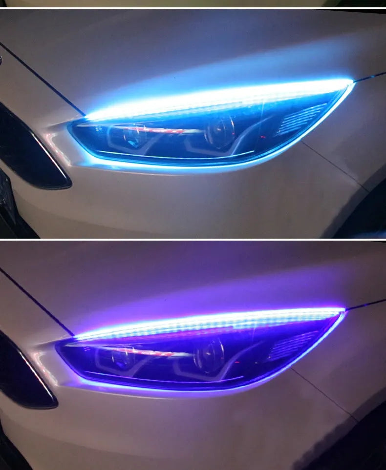 Remote control and flexible RGB LED daytime running light strip for cars in 30cm, 45cm, and 60cm sizes.