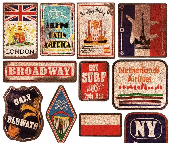 36 piece retro beach themed waterproof PVC stickers with matte finish in sizes 6cm to 10cm