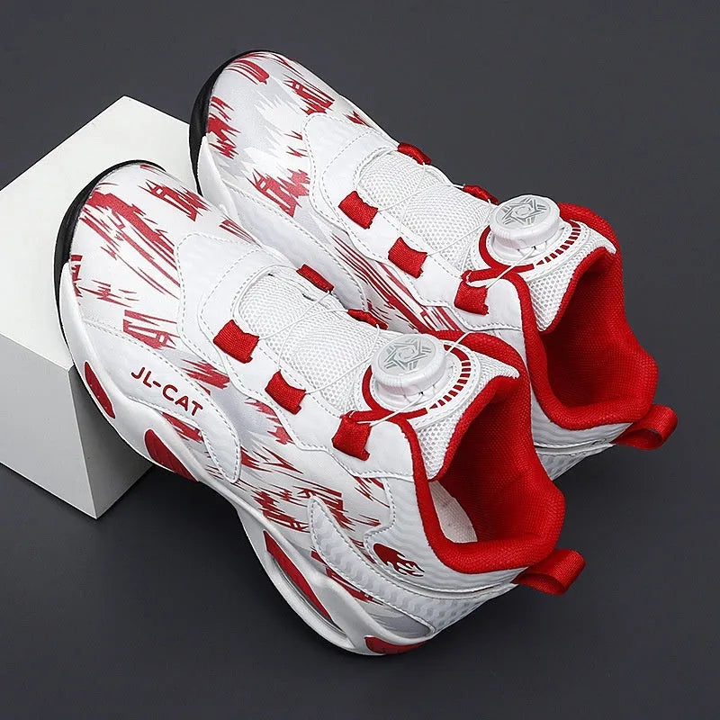 Children's rotating button basketball running shoes in synthetic leather with PU sole