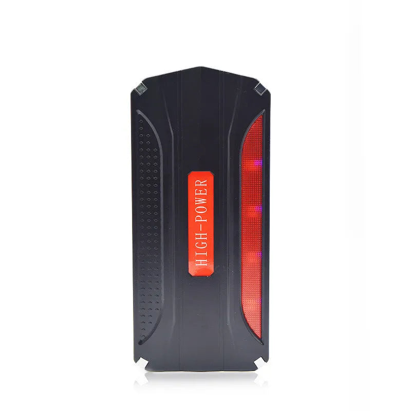 Black and red portable vehicle jump starter power bank with battery clamps.