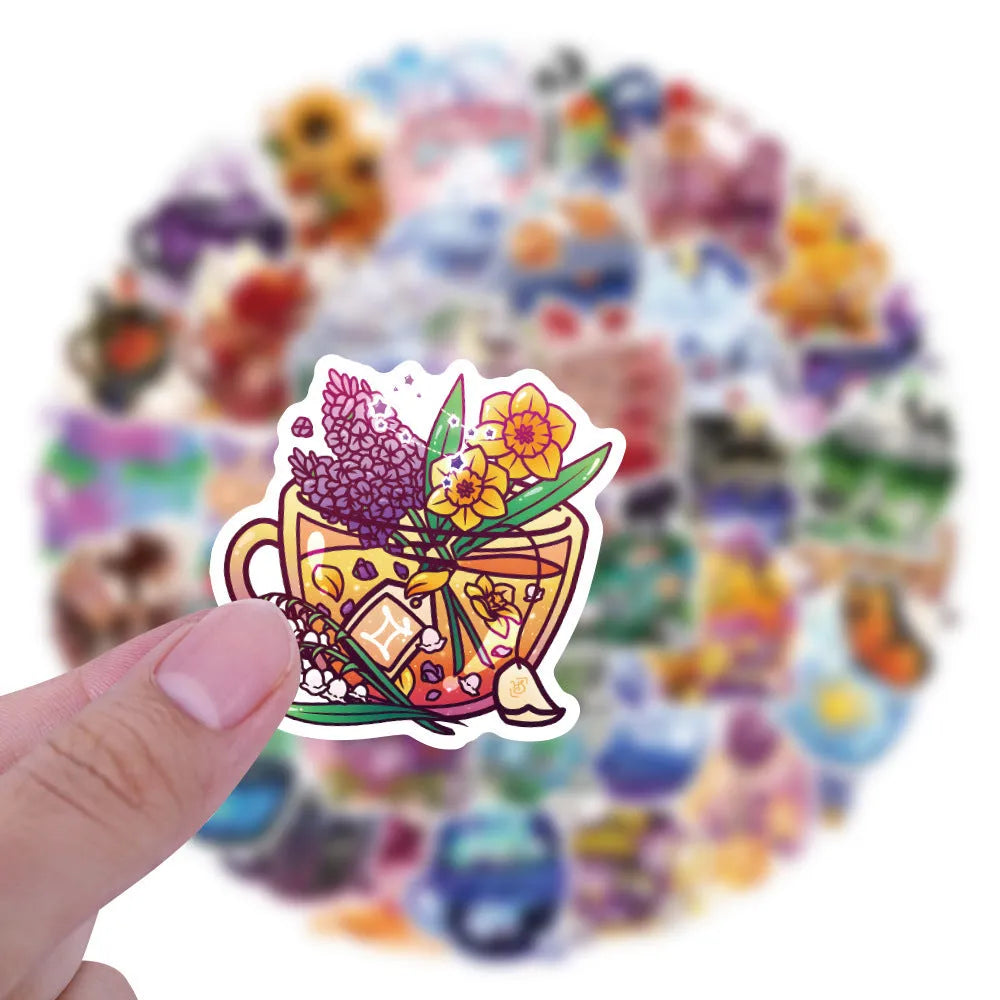 A sheet of colourful tea cup graffiti design waterproof vinyl stickers for DIY personalisation.