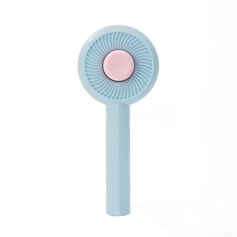 Blue self-cleaning pet grooming brush with angled metal needles for cats and dogs